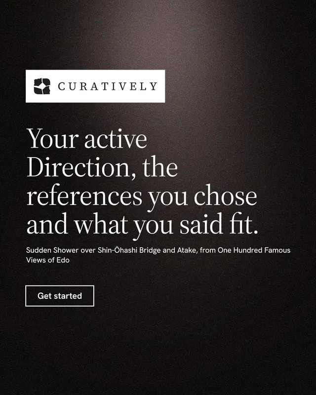 Instagram portrait post for Curatively: "Your active Direction, the references you chose and what you said fit." Dark deco style, announce layout, dark palette in black, grey.