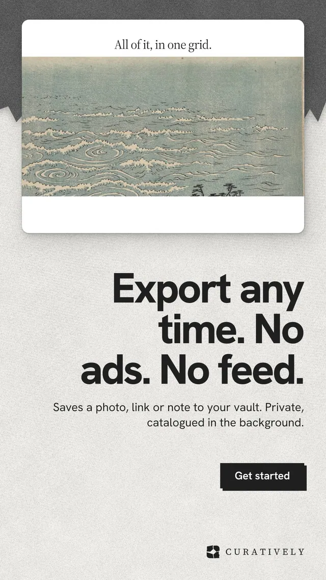 Instagram story for Curatively: "Export any time. No ads. No feed." Paper trio style, right layout, light palette in white, grey.