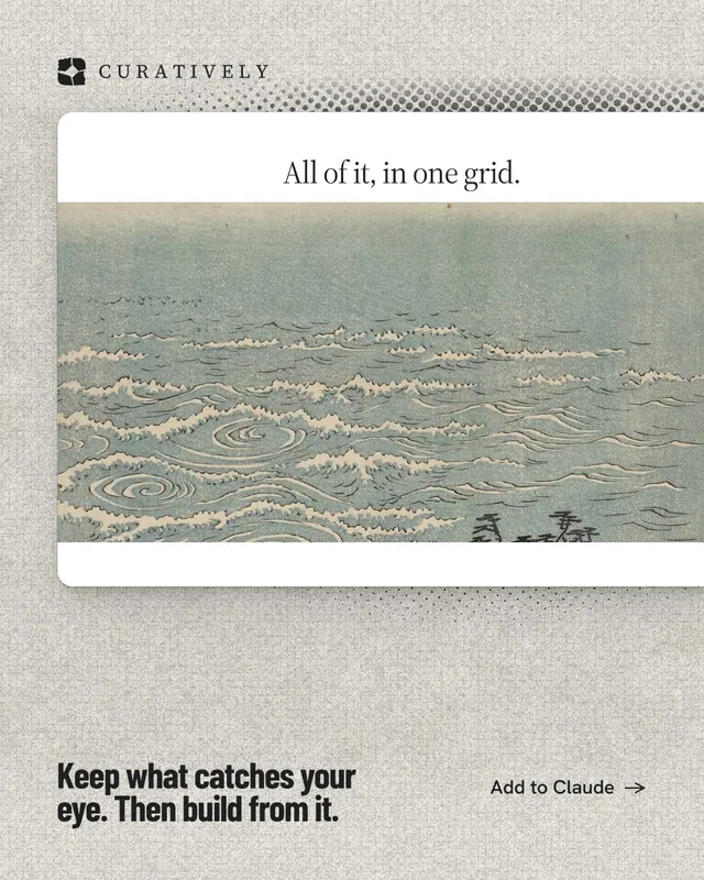 Instagram portrait post for Curatively: "Keep what catches your eye. Then build from it." Ink sticker style, image led layout, light palette in grey, white.
