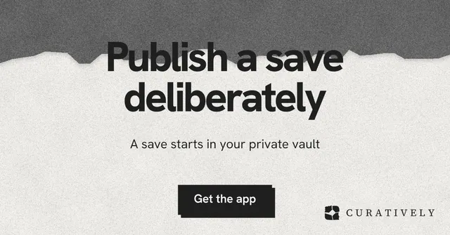Social ad for Curatively: "Publish a save deliberately". Paper trio style, centred layout, light palette in white, grey.