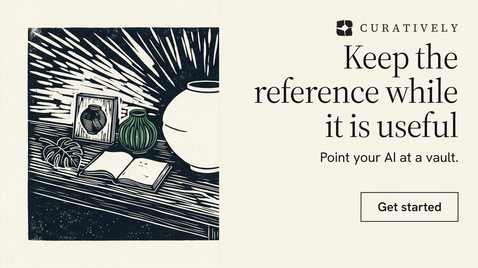 Landscape graphic for Curatively: "Keep the reference while it is useful". Editorial style, right layout, light palette in white, grey.