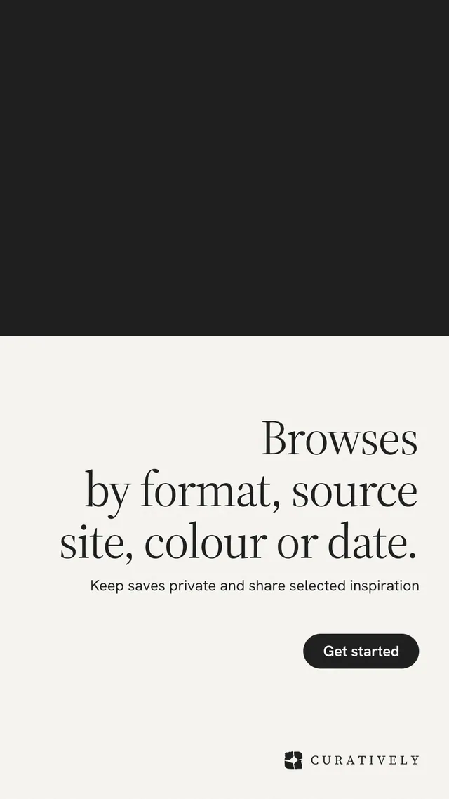 Instagram story for Curatively: "Browses by format, source site, colour or date." Data card style, right layout, light palette in white, black.