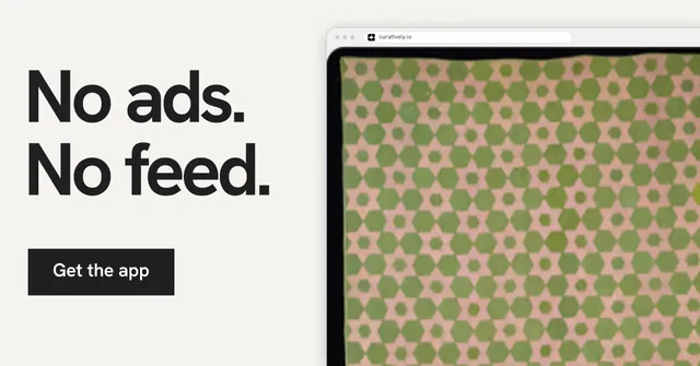 Social ad for Curatively: "No ads. No feed." Swiss style, browser layout, light palette in yellow, white, grey.
