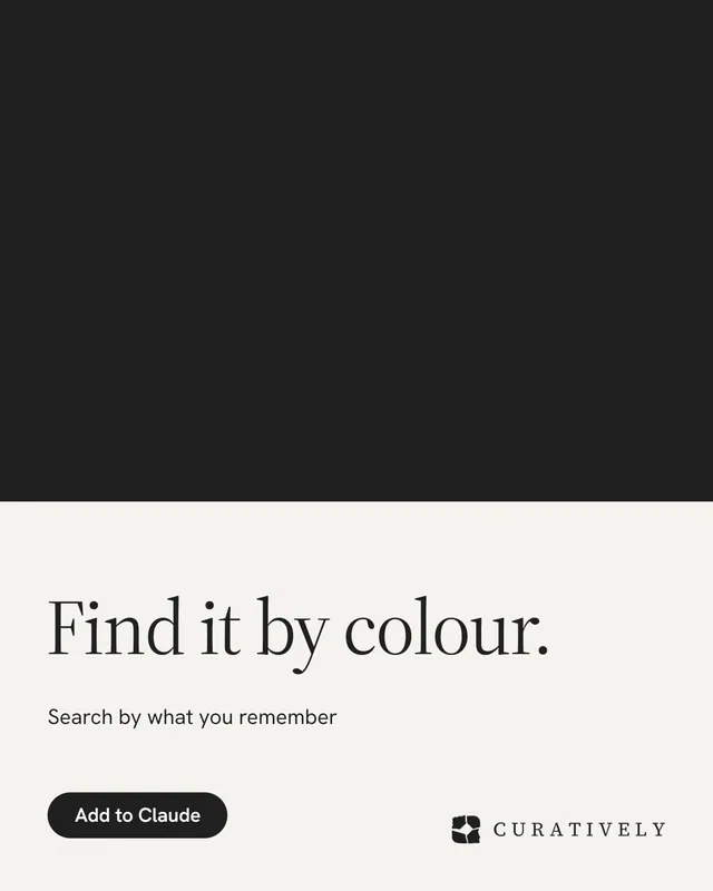 Instagram portrait post for Curatively: "Find it by colour." Data card style, bottom layout, light palette in black, white.