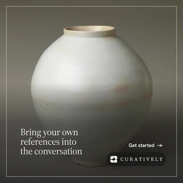 Instagram post for Curatively: "Bring your own references into the conversation". Editorial style, image led layout, dark palette in grey, black, white.