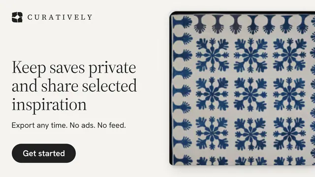 Landscape graphic for Curatively: "Keep saves private and share selected inspiration". Data card style, bottom layout, light palette in white, grey.