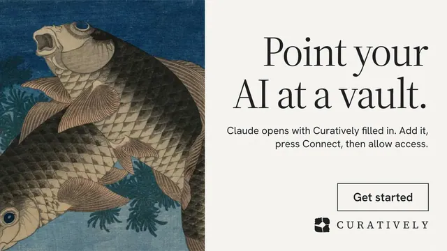Landscape graphic for Curatively: "Point your AI at a vault." Editorial style, right layout, light palette in white, teal, grey.