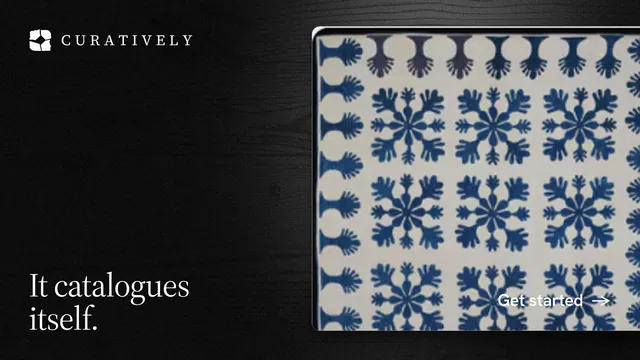 Landscape graphic for Curatively: "It catalogues itself." Dark deco style, image led layout, dark palette in grey, black.