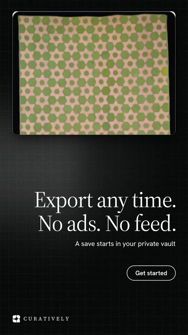 Instagram story for Curatively: "Export any time. No ads. No feed." Phosphor atlas style, right layout, dark palette in yellow, black.