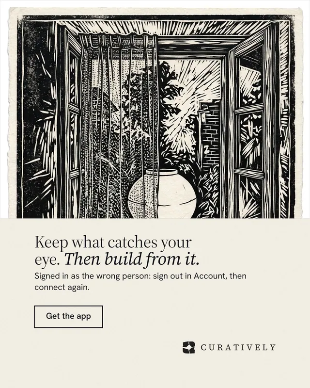 Instagram portrait post for Curatively: "Keep what catches your eye. Then build from it." Editorial style, bottom layout, light palette in yellow, black, grey.