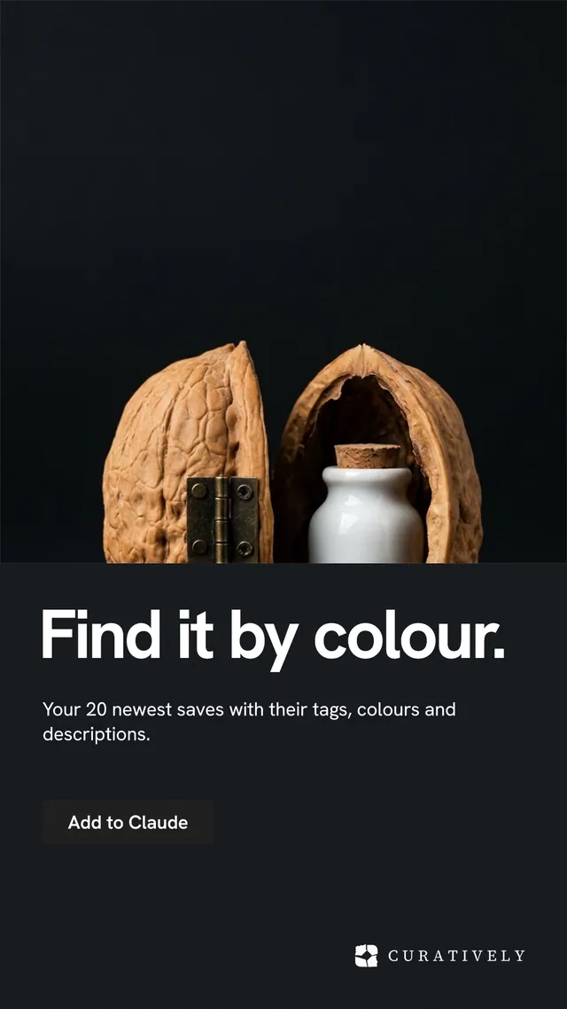 Instagram story for Curatively: "Find it by colour." Swiss style, bottom layout, dark palette in black, grey.