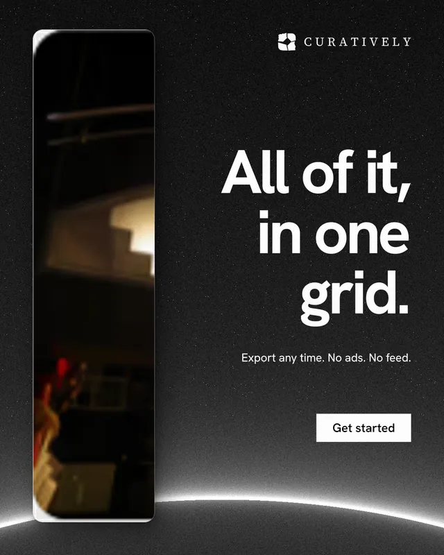 Instagram portrait post for Curatively: "All of it, in one grid." Swiss style, right layout, dark palette in black, grey.