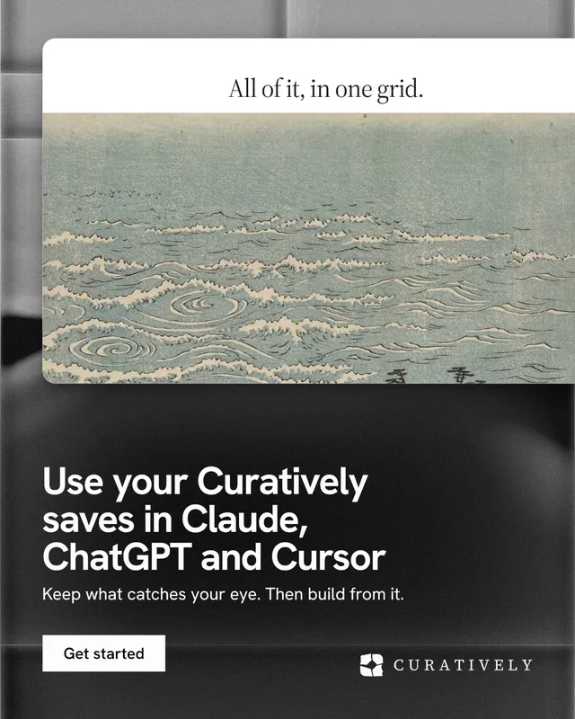 Instagram portrait post for Curatively: "Use your Curatively saves in Claude, ChatGPT and Cursor". Swiss style, bottom layout, light palette in black, grey, white.