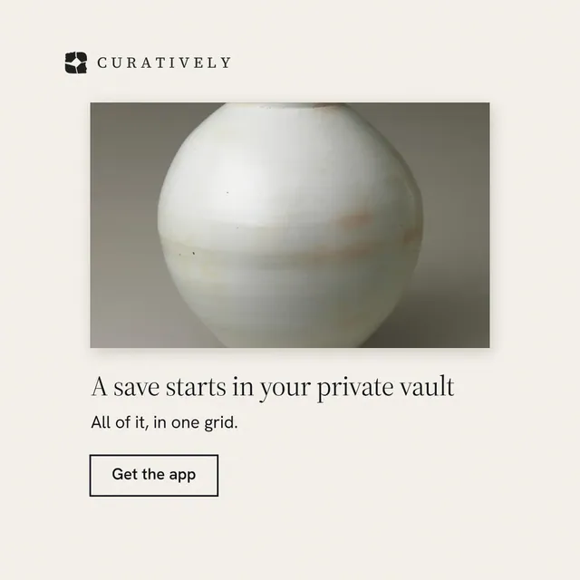 Instagram post for Curatively: "A save starts in your private vault". Editorial style, bottom layout, light palette in white, grey.