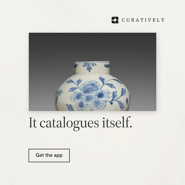 Instagram post for Curatively: "It catalogues itself." Editorial style, bottom layout, light palette in white, grey.