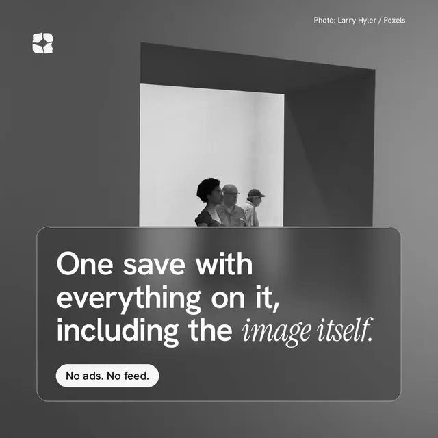 Instagram post for Curatively: "One save with everything on it, including the image itself." Glass style, technique:pexels ingredient layout, dark palette in grey, black.