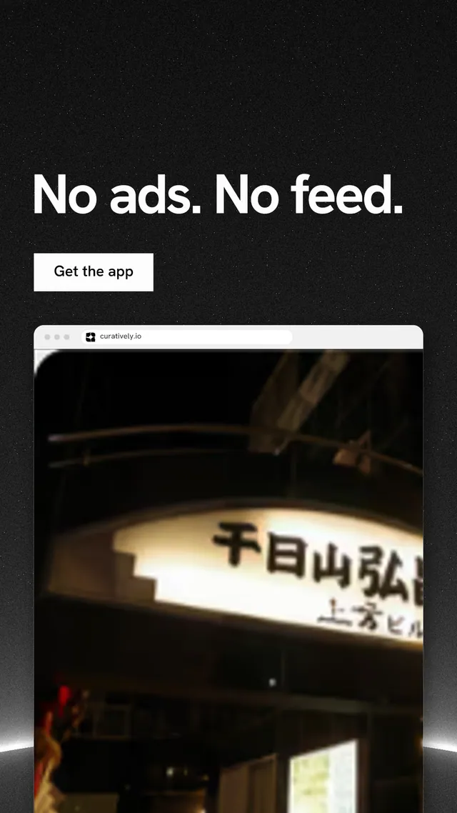 Instagram story for Curatively: "No ads. No feed." Swiss style, browser layout, dark palette in black, grey.