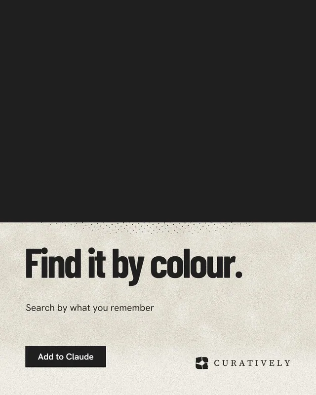 Instagram portrait post for Curatively: "Find it by colour." Ink sticker style, bottom layout, dark palette in black, yellow.