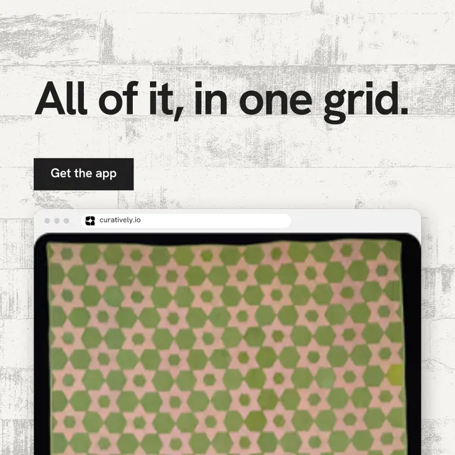 Instagram post for Curatively: "All of it, in one grid." Swiss style, browser layout, light palette in orange, yellow, white.