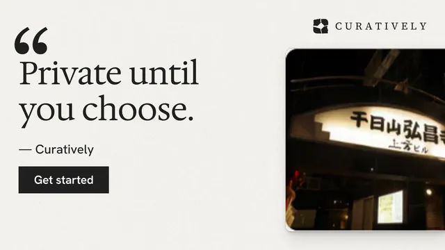 Landscape graphic for Curatively: "Private until you choose." Swiss style, quote layout, light palette in white, black, grey.