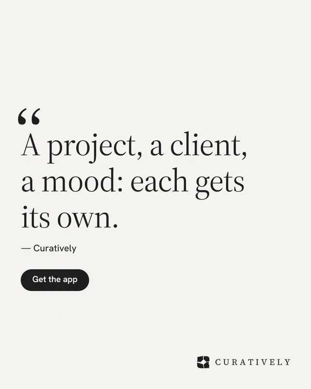 Instagram portrait post for Curatively: "A project, a client, a mood: each gets its own." Data card style, quote layout, light palette in white.