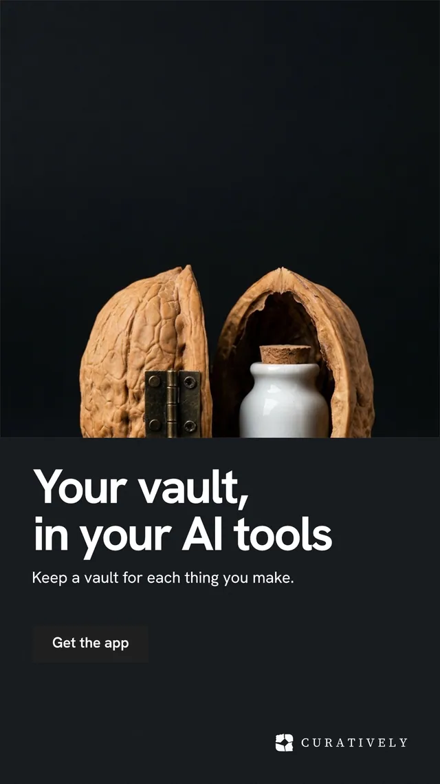 Instagram story for Curatively: "Your vault, in your AI tools". Swiss style, bottom layout, dark palette in black, grey.