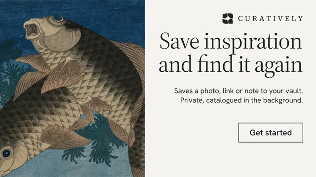 Landscape graphic for Curatively: "Save inspiration and find it again". Editorial style, right layout, light palette in white, teal, grey.