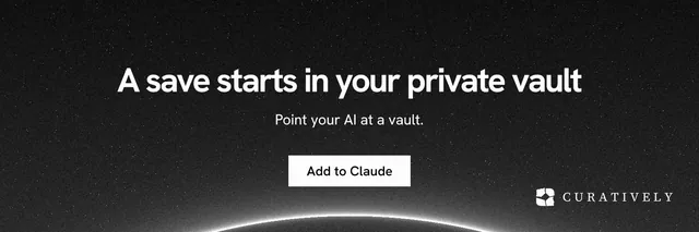 X header for Curatively: "A save starts in your private vault". Swiss style, centred layout, dark palette in black, grey.