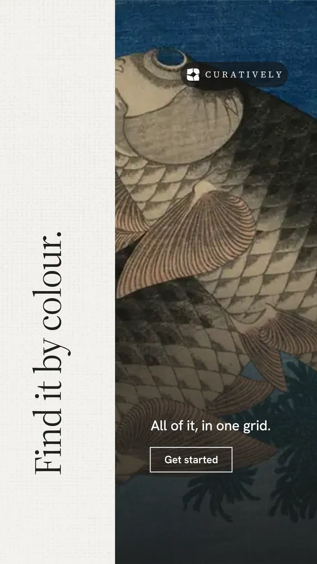 Instagram story for Curatively: "Find it by colour." Editorial style, vertical layout, light palette in black, grey, white.