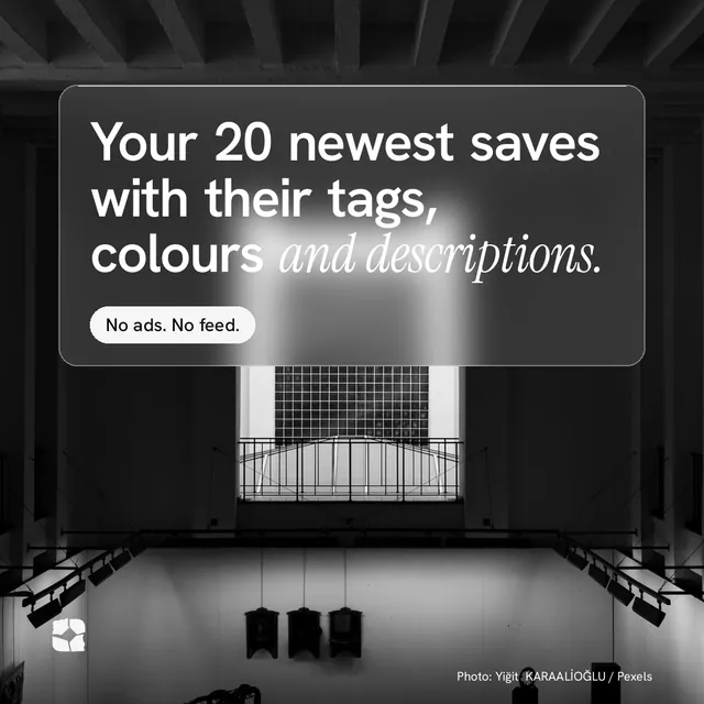 Instagram post for Curatively: "Your 20 newest saves with their tags, colours and descriptions." Glass style, technique:pexels ingredient layout, dark palette in black, grey.