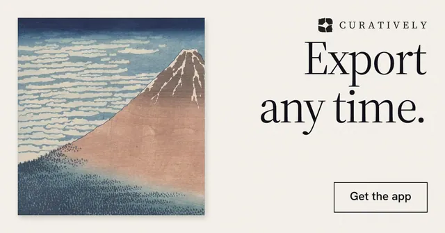 Social ad for Curatively: "Export any time." Editorial style, right layout, light palette in white, grey.