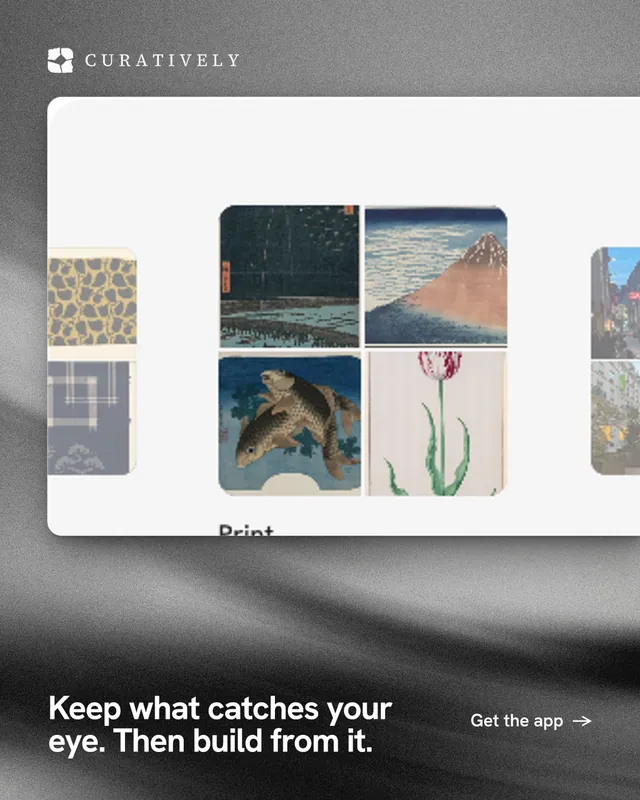 Instagram portrait post for Curatively: "Keep what catches your eye. Then build from it." Swiss style, image led layout, light palette in grey, white, black.