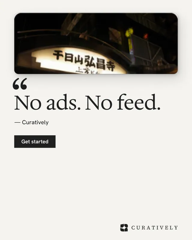 Instagram portrait post for Curatively: "No ads. No feed." Swiss style, quote layout, light palette in white, black, grey.