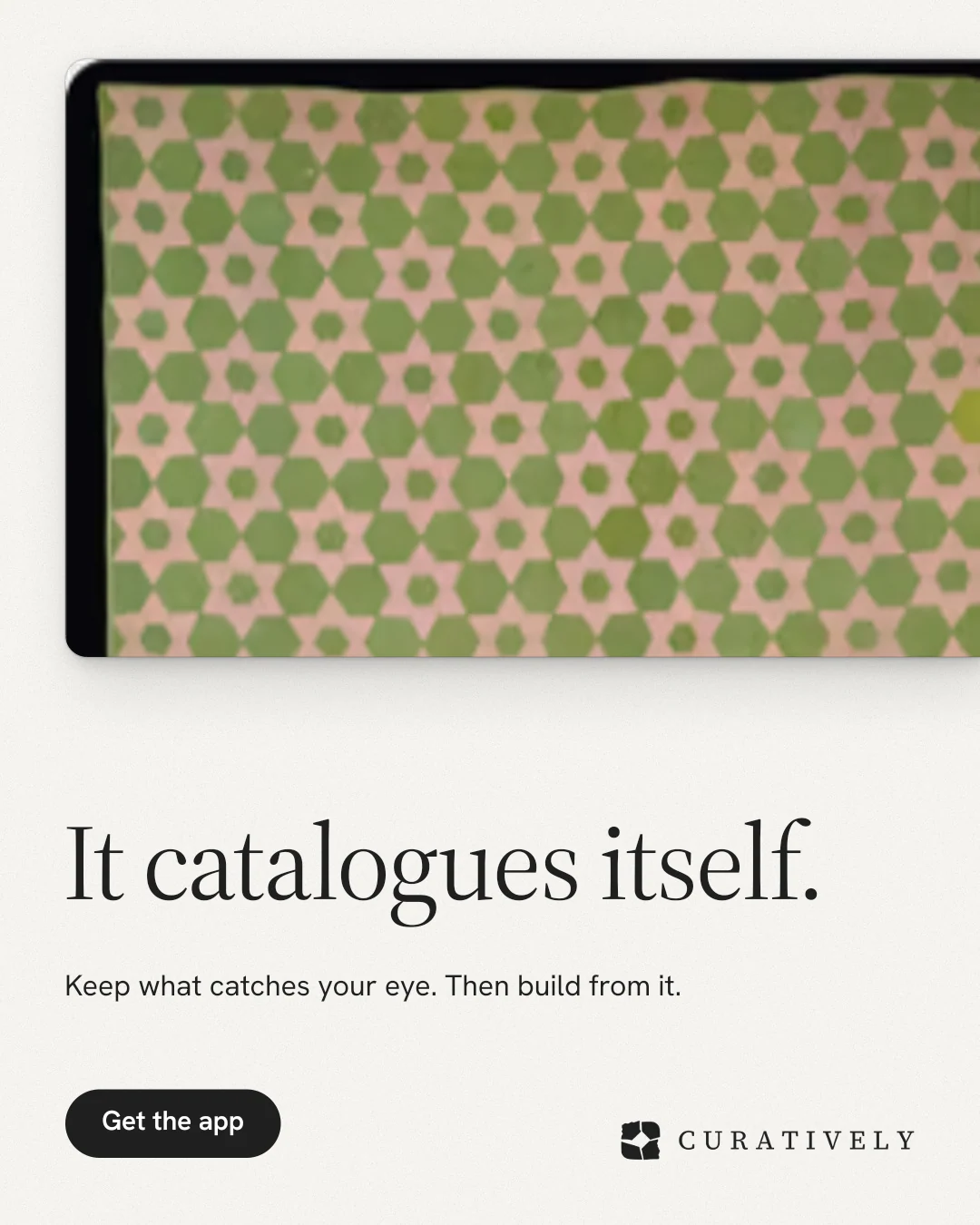 Instagram portrait post for Curatively: "It catalogues itself." Data card style, bottom layout, light palette in white, orange, yellow.