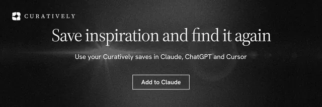 X header for Curatively: "Save inspiration and find it again". Dark deco style, centred layout, dark palette in black, grey.