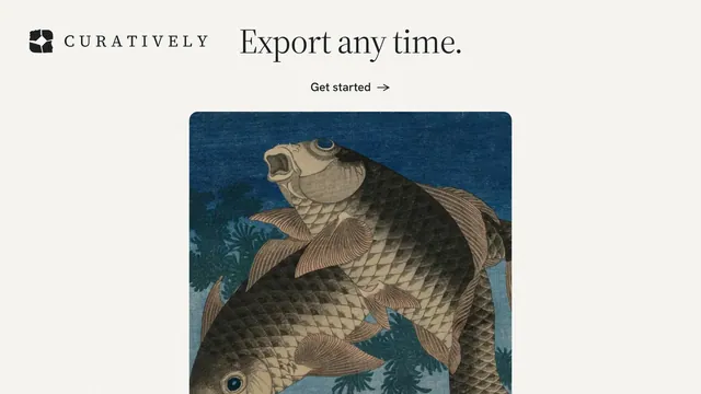 Landscape graphic for Curatively: "Export any time." Editorial style, ogui layout, light palette in white, teal, grey.