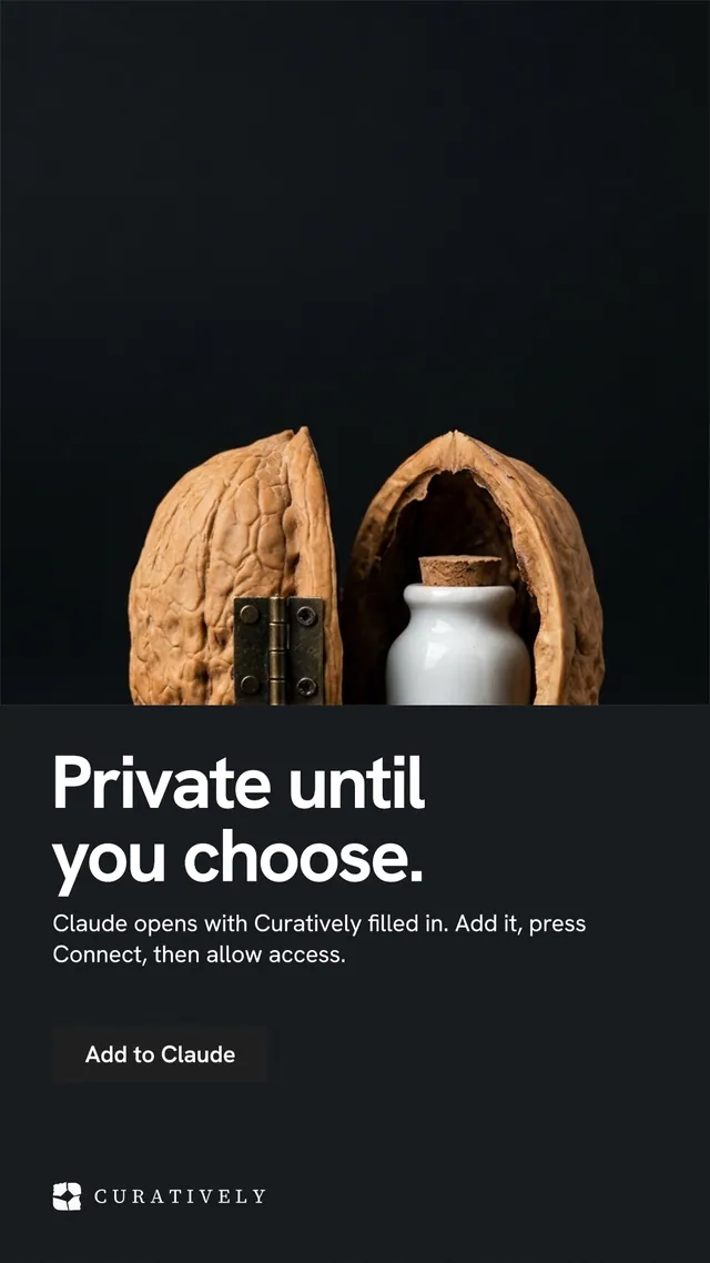Instagram story for Curatively: "Private until you choose." Swiss style, bottom layout, dark palette in black, grey.