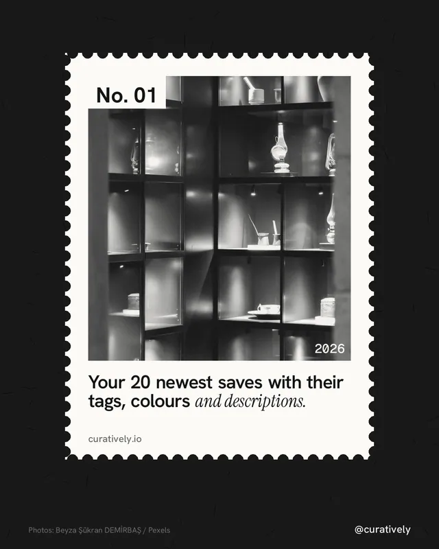 Instagram portrait post for Curatively: "Your 20 newest saves with their tags, colours and descriptions." Single style, technique:stamp series layout, dark palette in black, white, grey.