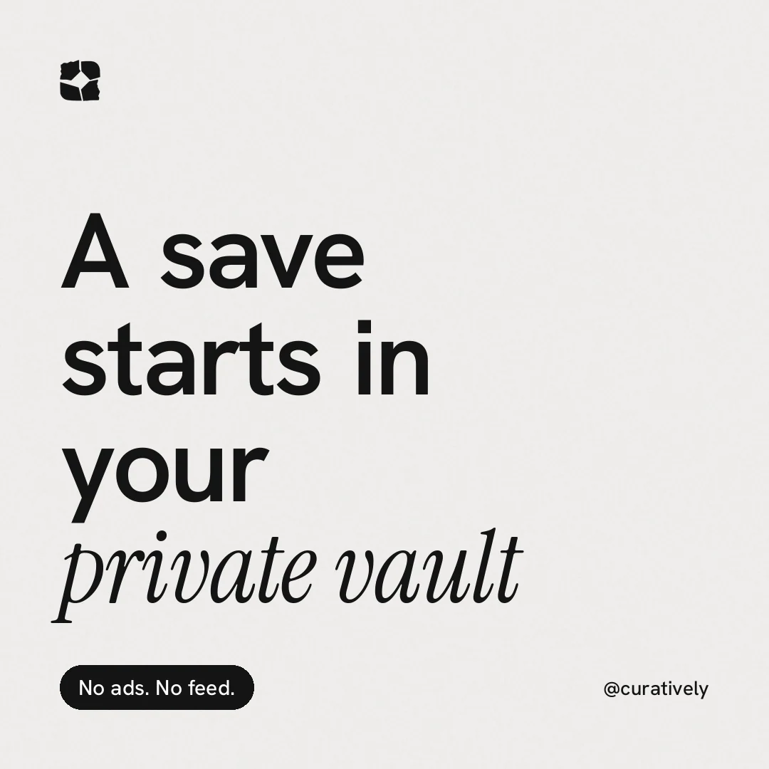 Instagram post for Curatively: "A save starts in your private vault". Caption style, technique:mixed type lockup layout, light palette in white, grey.