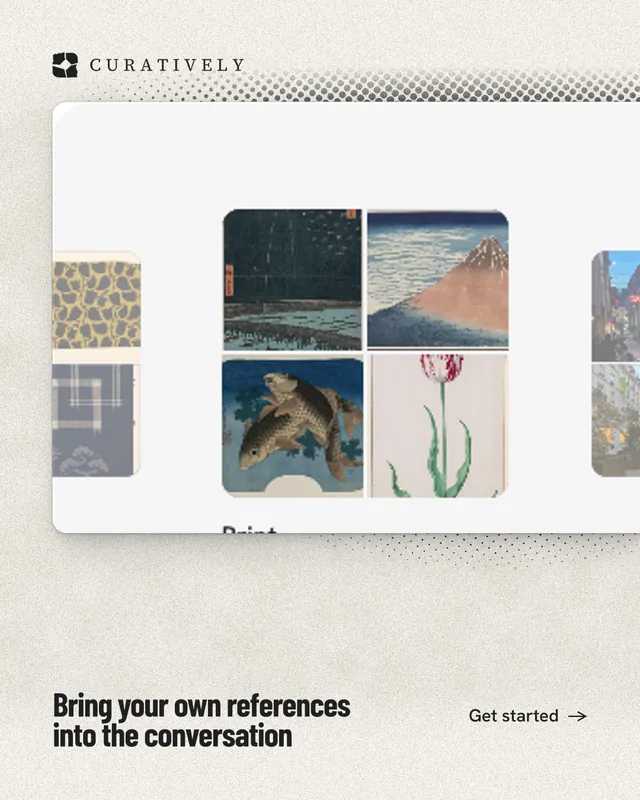 Instagram portrait post for Curatively: "Bring your own references into the conversation". Ink sticker style, image led layout, light palette in white, yellow, grey.
