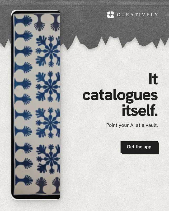 Instagram portrait post for Curatively: "It catalogues itself." Paper trio style, right layout, light palette in grey, white.
