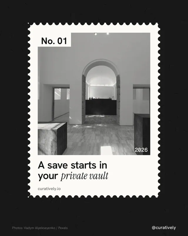Instagram portrait post for Curatively: "A save starts in your private vault". Single style, technique:stamp series layout, dark palette in black, grey, white.