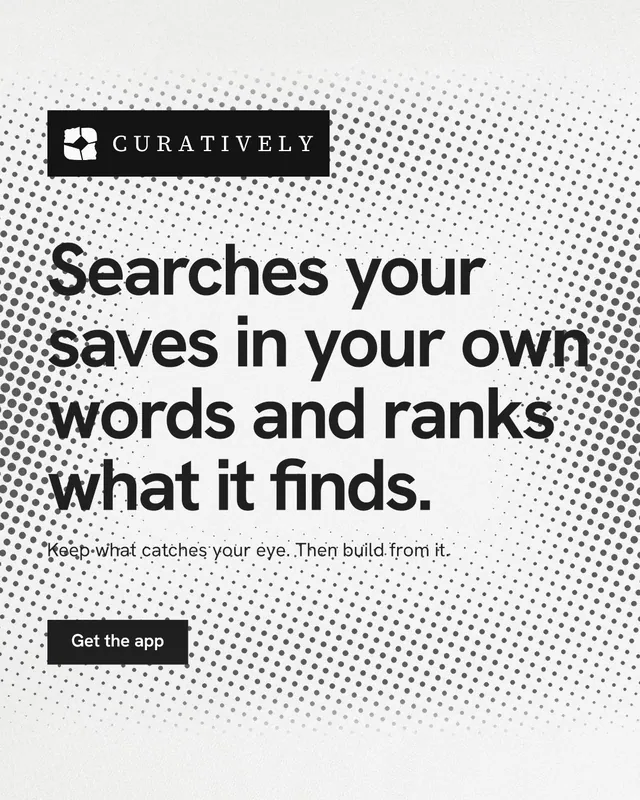 Instagram portrait post for Curatively: "Searches your saves in your own words and ranks what it finds." Swiss style, announce layout, light palette in white, grey.