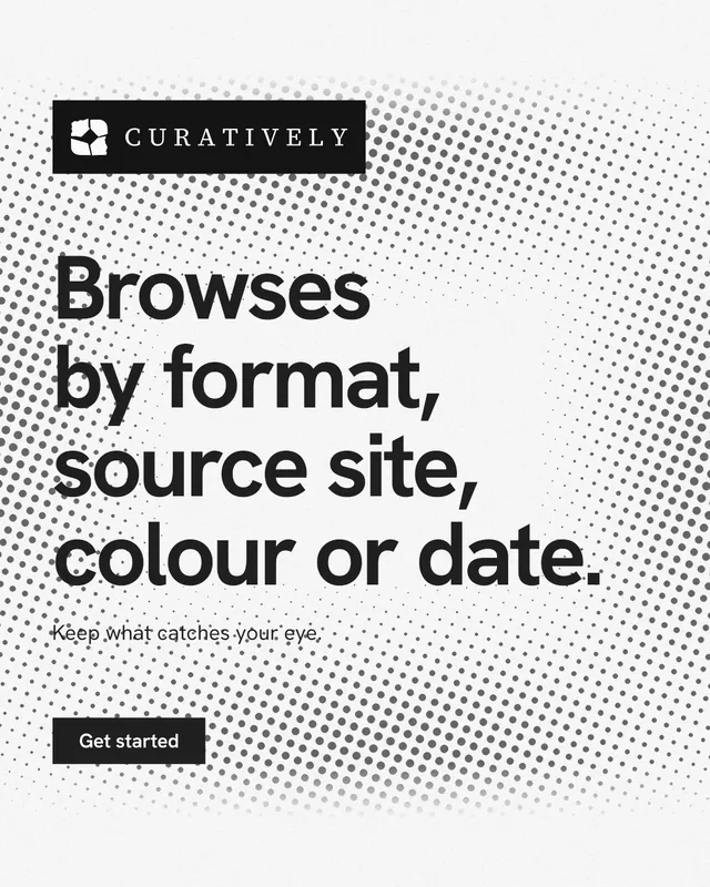 Instagram portrait post for Curatively: "Browses by format, source site, colour or date." Swiss style, announce layout, light palette in white, grey.