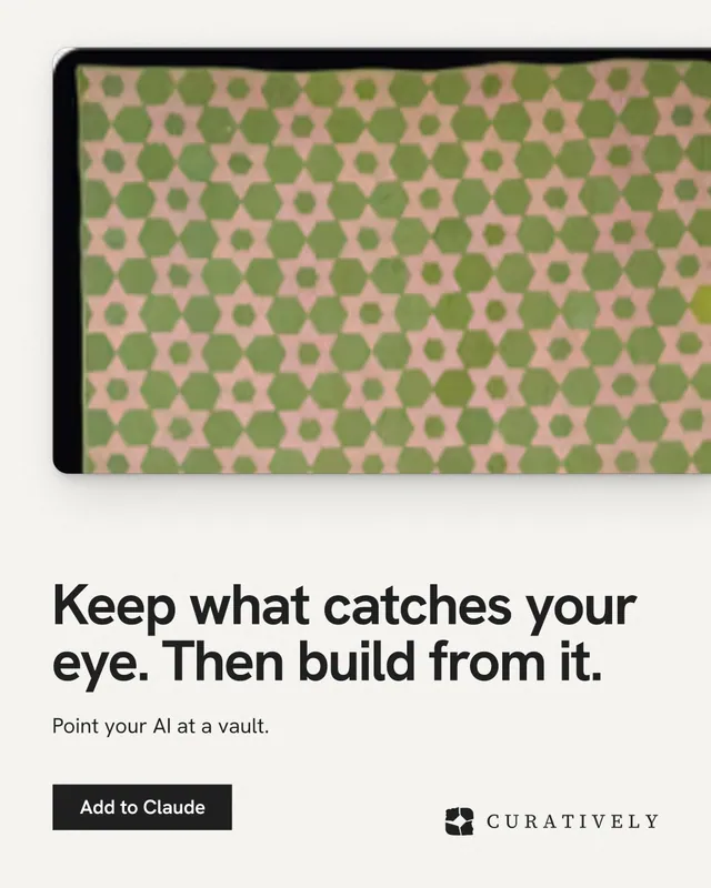 Instagram portrait post for Curatively: "Keep what catches your eye. Then build from it." Swiss style, bottom layout, light palette in white, yellow, grey.
