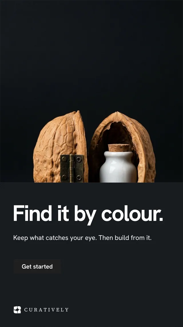 Instagram story for Curatively: "Find it by colour." Swiss style, bottom layout, dark palette in black, grey.