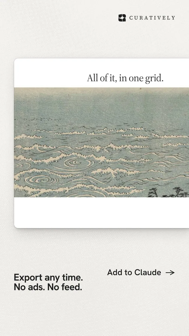 Instagram story for Curatively: "Export any time. No ads. No feed." Swiss style, image led layout, light palette in white, grey.