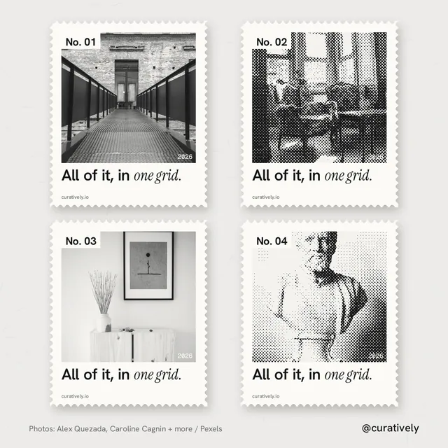 Instagram post for Curatively: "All of it, in one grid." Sheet style, technique:stamp series layout, light palette in white, grey.