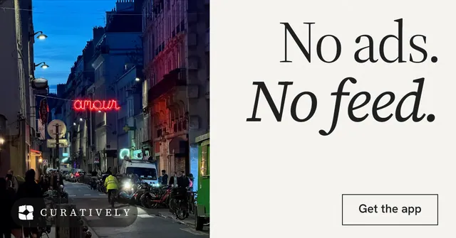 Social ad for Curatively: "No ads. No feed." Editorial style, right layout, light palette in white, purple, blue.