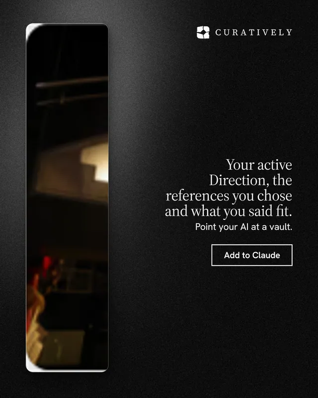 Instagram portrait post for Curatively: "Your active Direction, the references you chose and what you said fit." Dark deco style, right layout, dark palette in black.